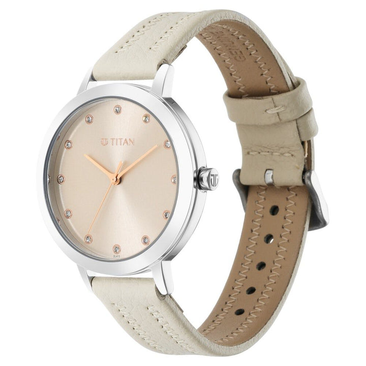 Titan Memento Beige Dial Analog Leather Strap Watch for Women NR95133SL02