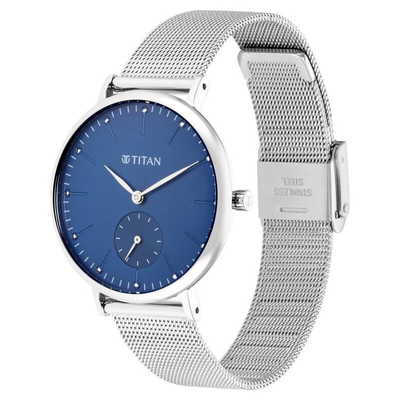 Titan Slimline Quartz Analog Offset Second Hand Blue Dial with Mesh Strap Watch for Women NS95142SM01 / 95142SM01