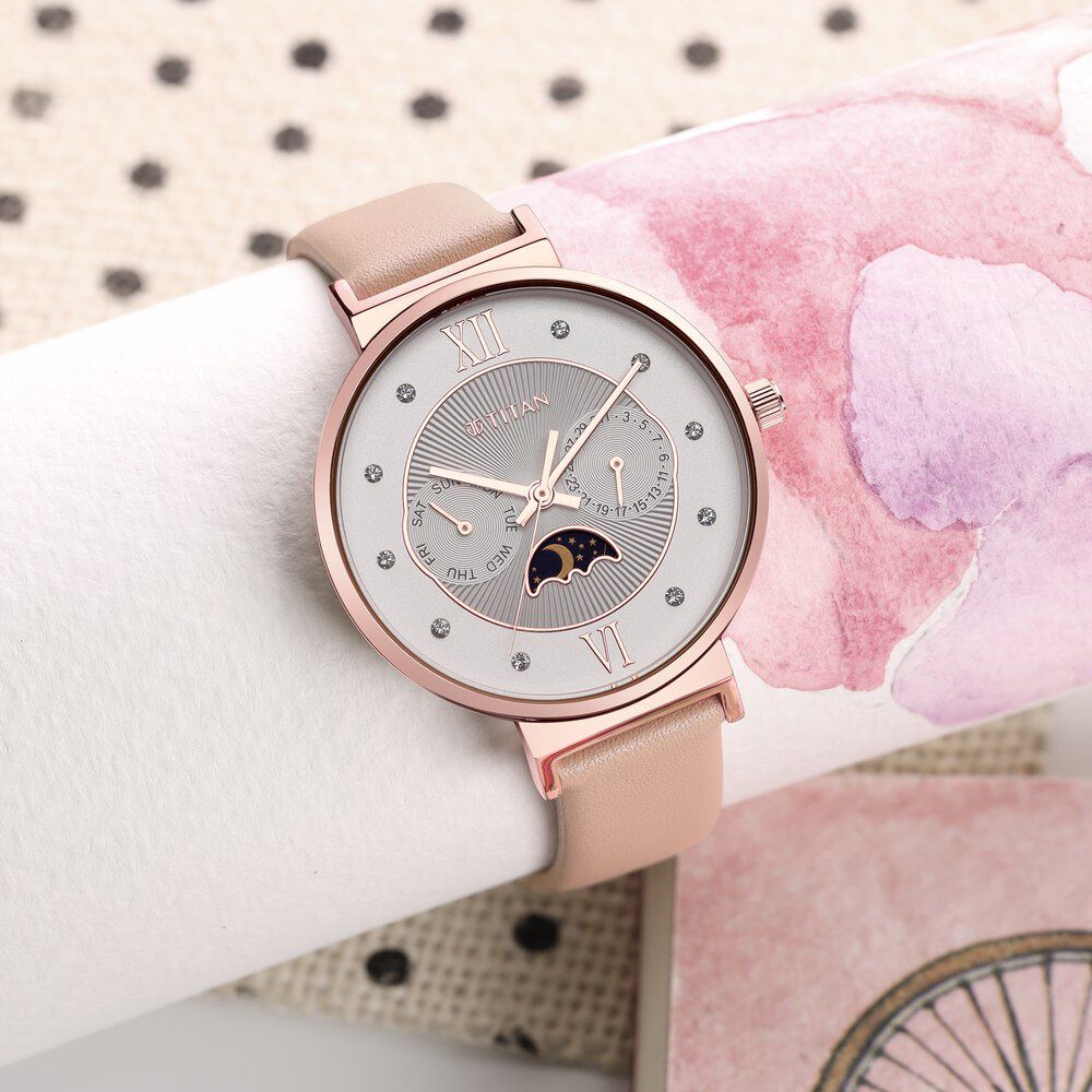 Titan Slimline Silver Dial Quartz Multifunction Leather Strap watch for Women - The Watch Factory ®