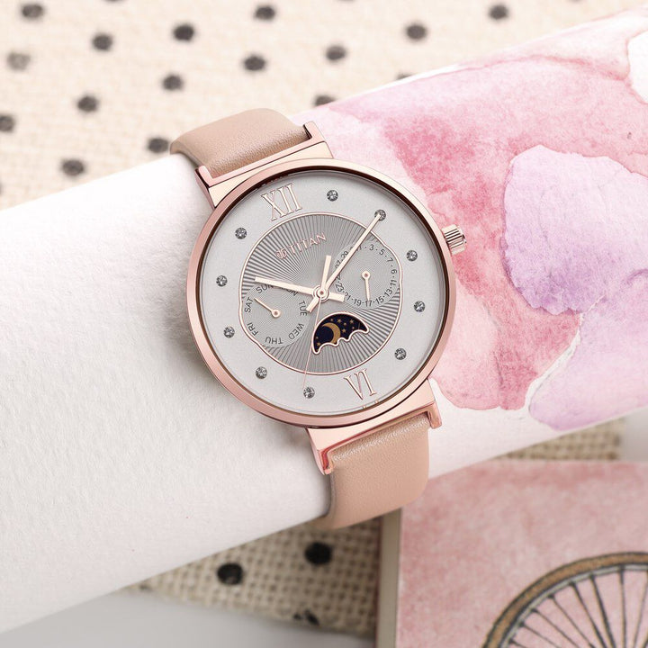 Titan Slimline Silver Dial Quartz Multifunction Leather Strap watch for Women NS95144WL01