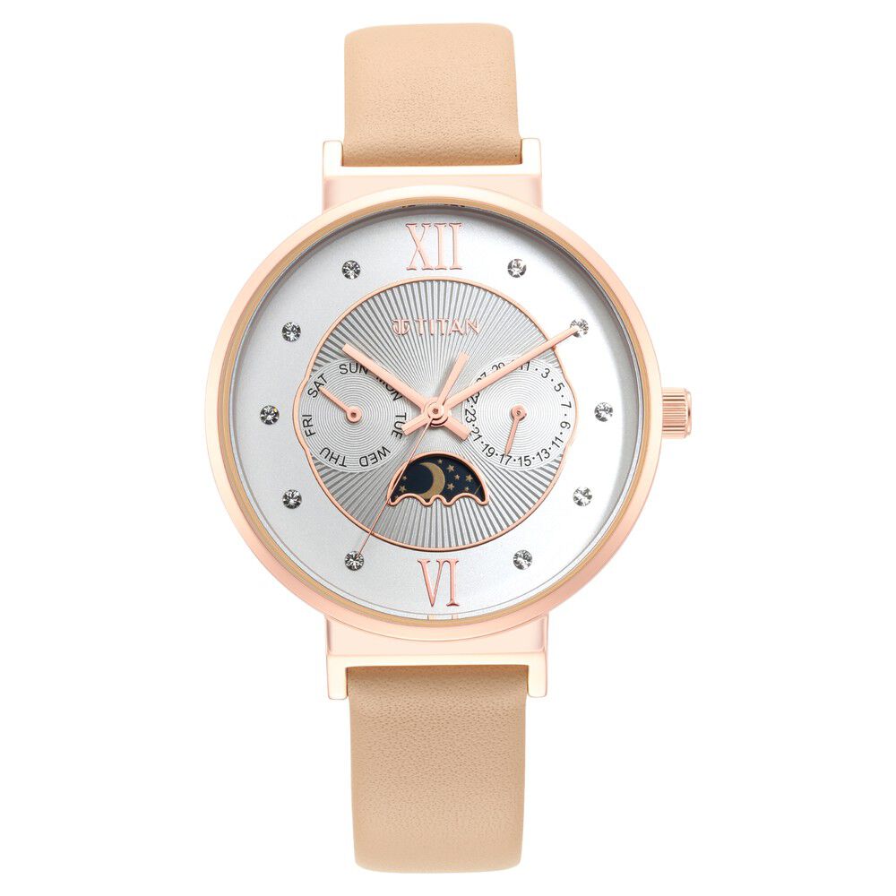 Titan Slimline Silver Dial Quartz Multifunction Leather Strap watch for Women NS95144WL01