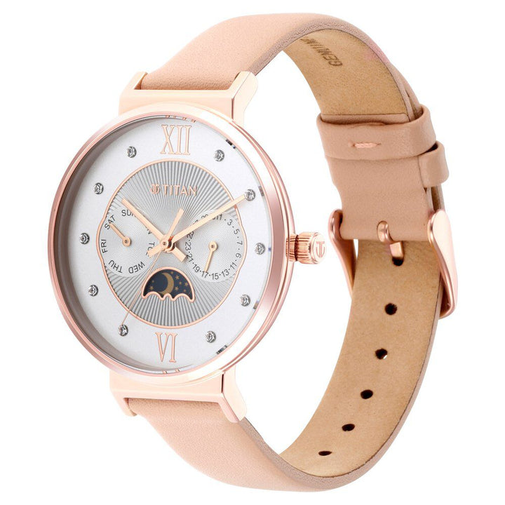 Titan Slimline Silver Dial Quartz Multifunction Leather Strap watch for Women - The Watch Factory ®