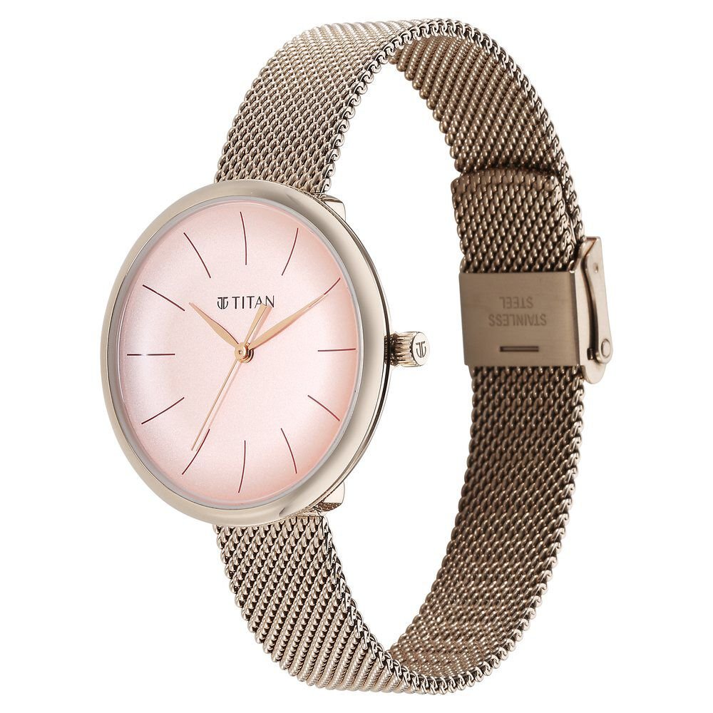 Titan Slimline Quartz Analog Pink Dial Rose Gold Stainless Steel Strap Watch for Women - The Watch Factory ®