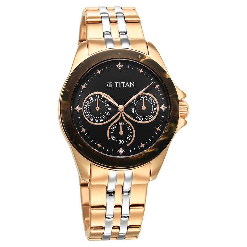 Titan Acetate Black Dial Analog With Day And Date Stainless Steel Strap Watch For Women