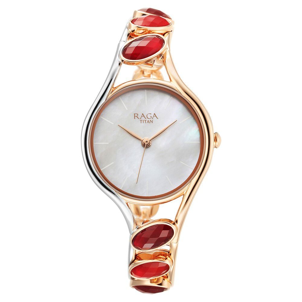 Titan Raga New You Quartz Analog Mother Of Pearl Dial Garnet stone bi - metal Strap Watch for Women - The Watch Factory ®
