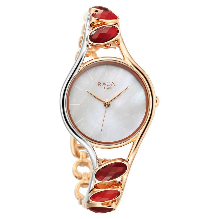 Titan Raga New You Quartz Analog Mother Of Pearl Dial Garnet stone bi - metal Strap Watch for Women - The Watch Factory ®