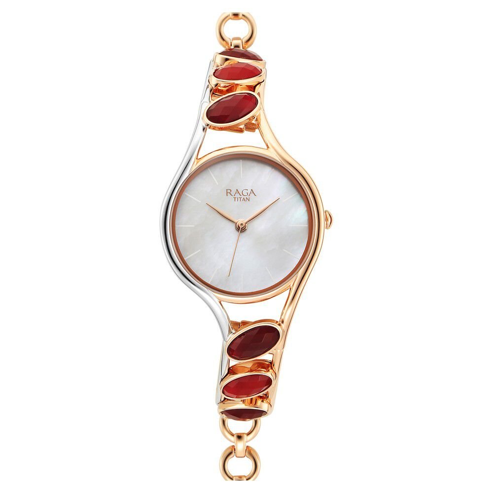 Titan Raga New You Quartz Analog Mother Of Pearl Dial Garnet stone bi - metal Strap Watch for Women - The Watch Factory ®