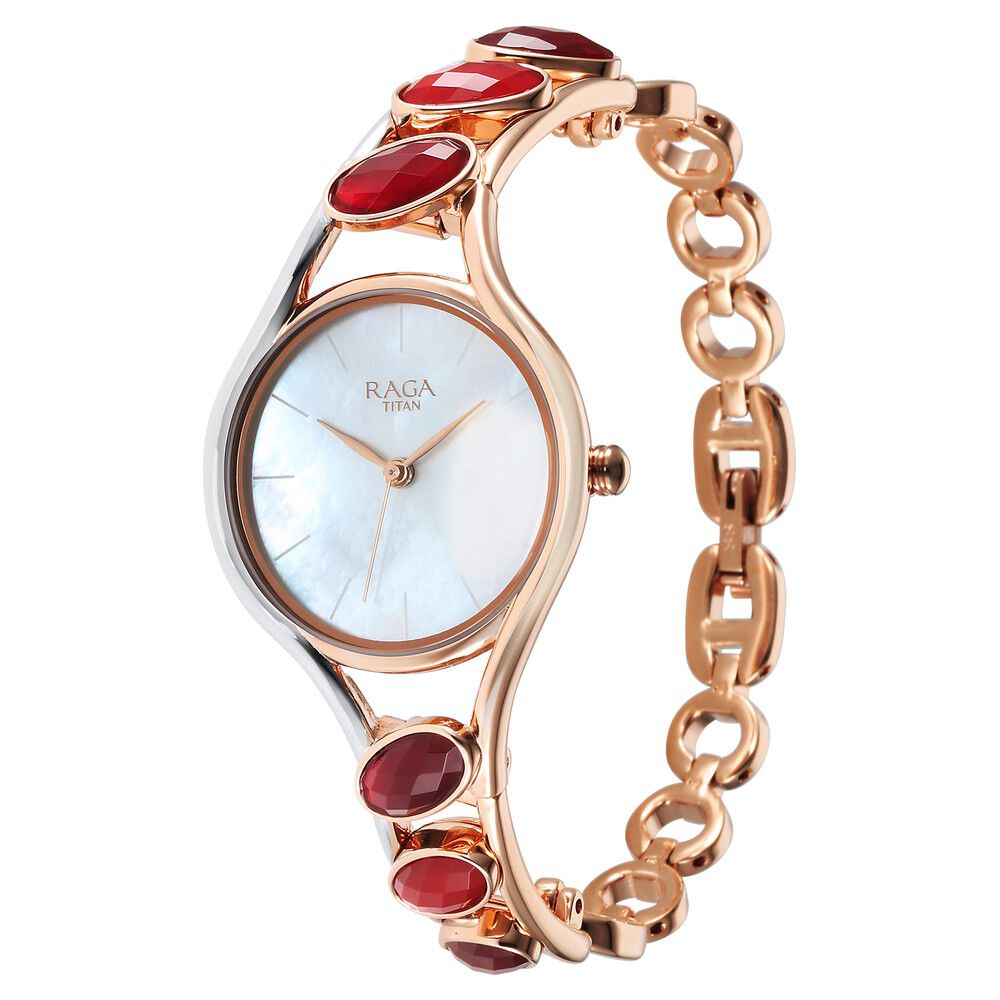 Titan Raga New You Quartz Analog Mother Of Pearl Dial Garnet stone bi - metal Strap Watch for Women - The Watch Factory ®