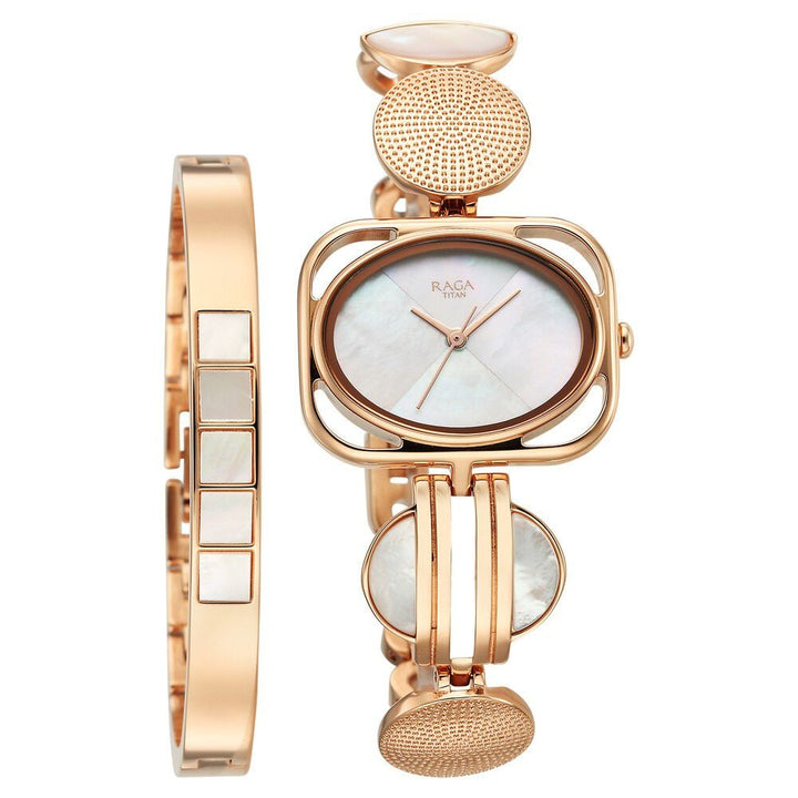 Titan Raga Power Pearls Quartz Analog Mother of Pearl Dial Rose Gold Metal Strap Rectangular Shaped Watch For Women - The Watch Factory ®