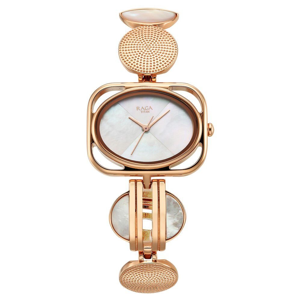 Titan Raga Power Pearls Quartz Analog Mother of Pearl Dial Rose Gold Metal Strap Rectangular Shaped Watch For Women - The Watch Factory ®