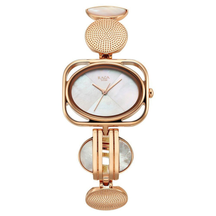 Titan Raga Power Pearls Quartz Analog Mother of Pearl Dial Rose Gold Metal Strap Rectangular Shaped Watch For Women - The Watch Factory ®