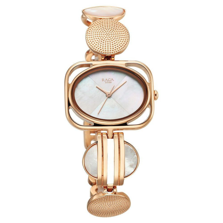 Titan Raga Power Pearls Quartz Analog Mother of Pearl Dial Rose Gold Metal Strap Rectangular Shaped Watch For Women - The Watch Factory ®