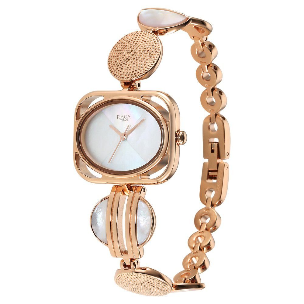 Titan Raga Power Pearls Quartz Analog Mother of Pearl Dial Rose Gold Metal Strap Rectangular Shaped Watch For Women - The Watch Factory ®
