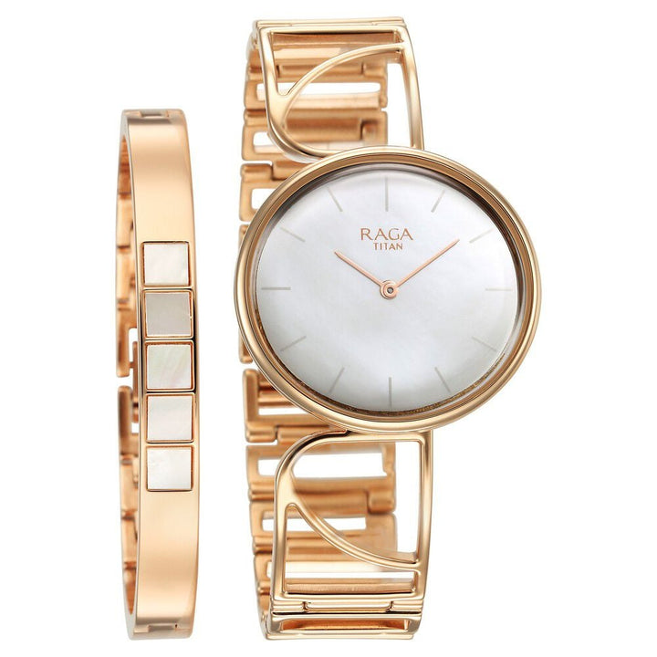 Titan Raga Power Pearls Quartz Analog Mother of Pearl Dial Rose Gold Metal Strap Oval Shaped Watch For Women - The Watch Factory ®
