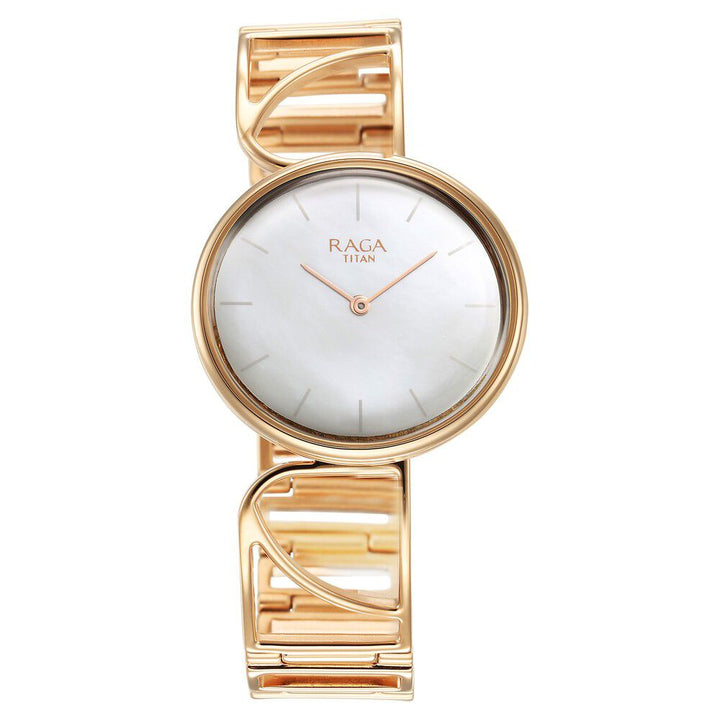 Titan Raga Power Pearls Quartz Analog Mother of Pearl Dial Rose Gold Metal Strap Oval Shaped Watch For Women - The Watch Factory ®