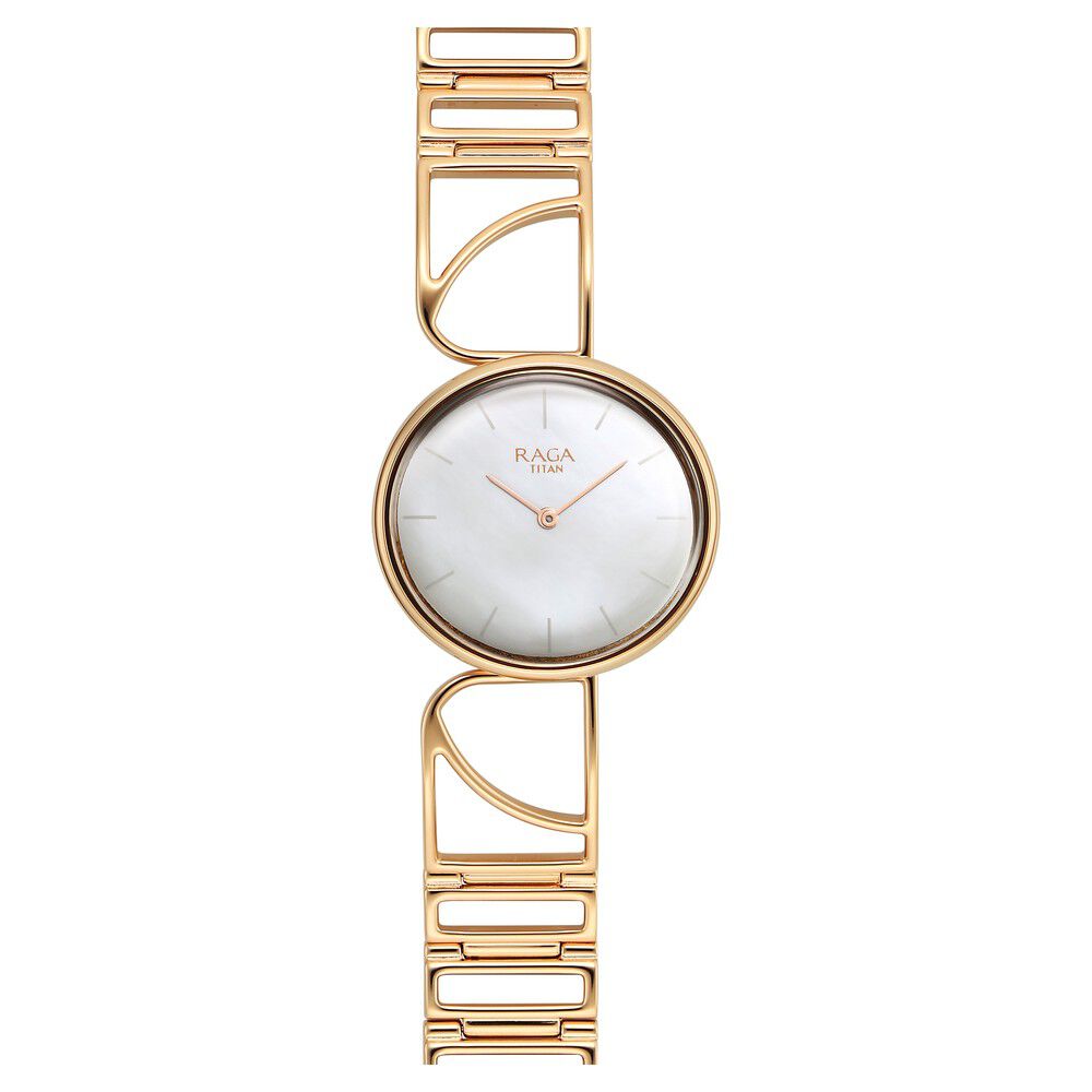 Titan Raga Power Pearls Quartz Analog Mother of Pearl Dial Rose Gold Metal Strap Oval Shaped Watch For Women - The Watch Factory ®