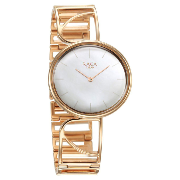 Titan Raga Power Pearls Quartz Analog Mother of Pearl Dial Rose Gold Metal Strap Oval Shaped Watch For Women - The Watch Factory ®
