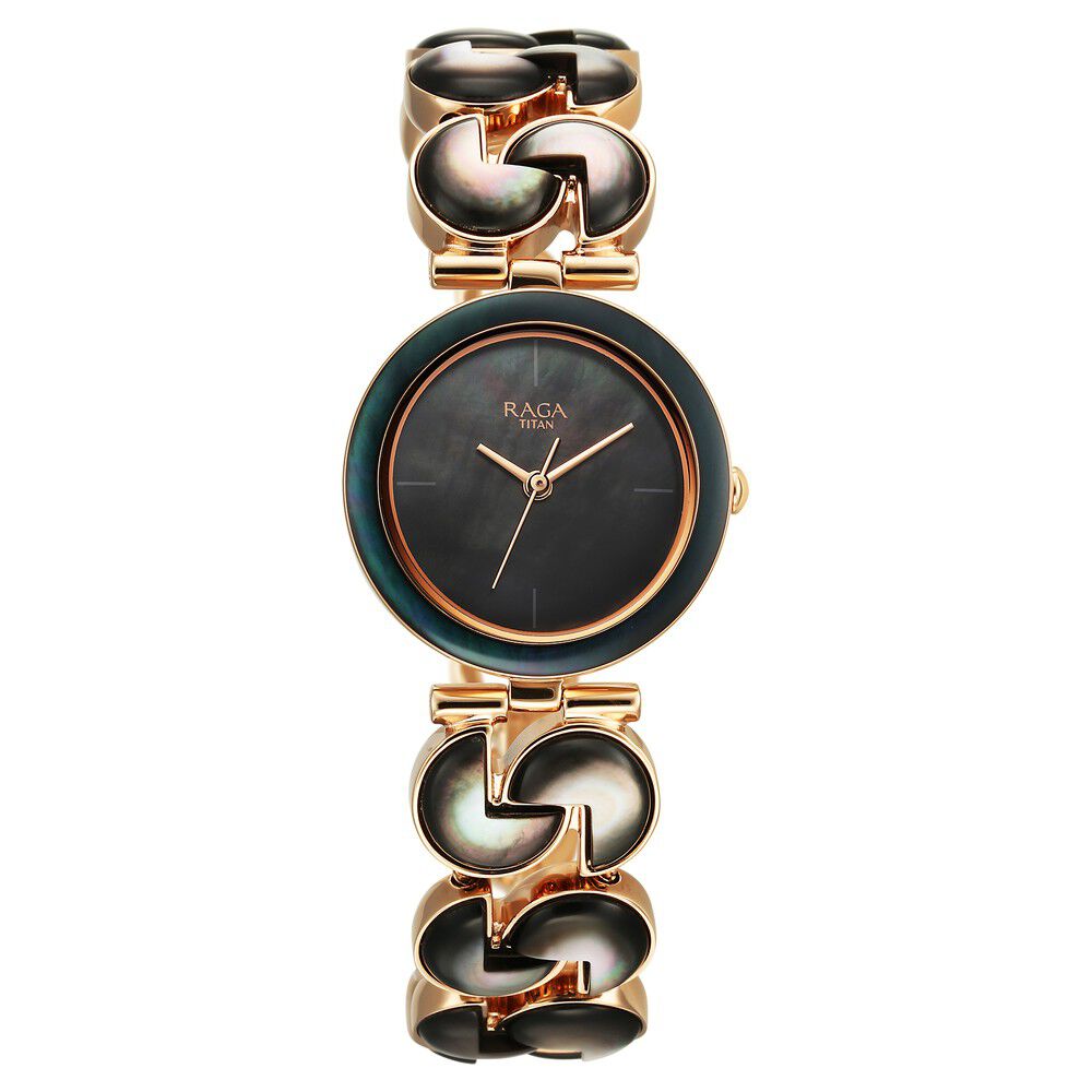 Titan Raga Black Pearl Quartz Analog Mother Of Pearl Dial Metal Strap Watch For Women 95233WM02F