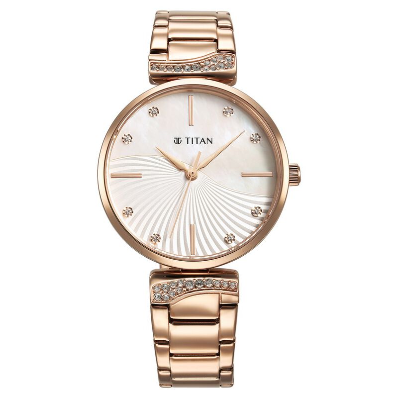 Titan Purple Style Up Quartz Analog Mother Of Pearl Dial Stainless Steel Strap Watch For Women