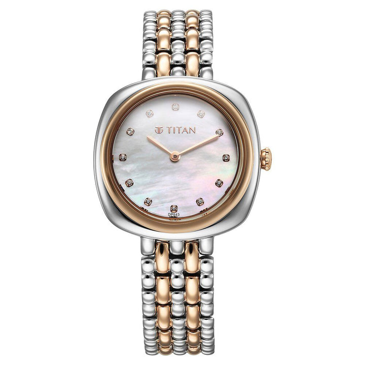 Titan Aura Quartz Analog White Mother Of Pearl Dial Rose Gold and Silver Stainless Steel Strap Watch for Women 95241KM01