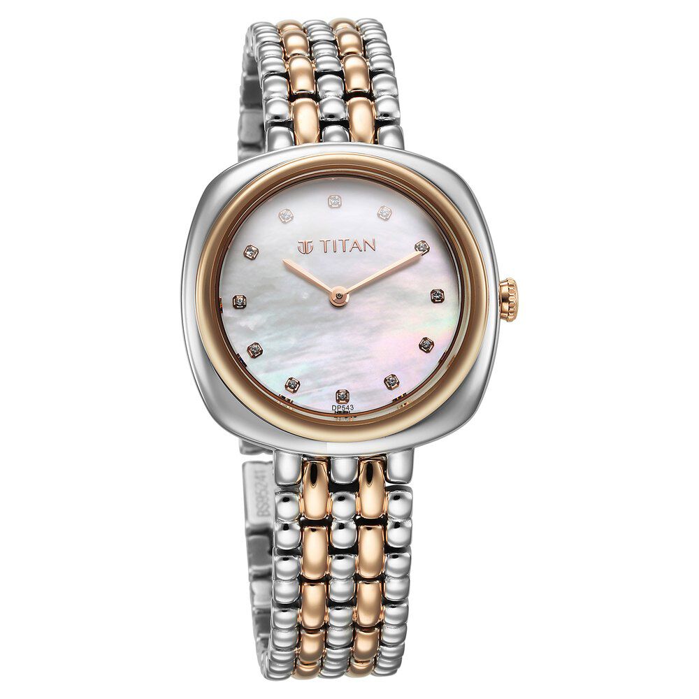 Titan Aura Quartz Analog White Mother Of Pearl Dial Rose Gold and Silver Stainless Steel Strap Watch for Women 95241KM01