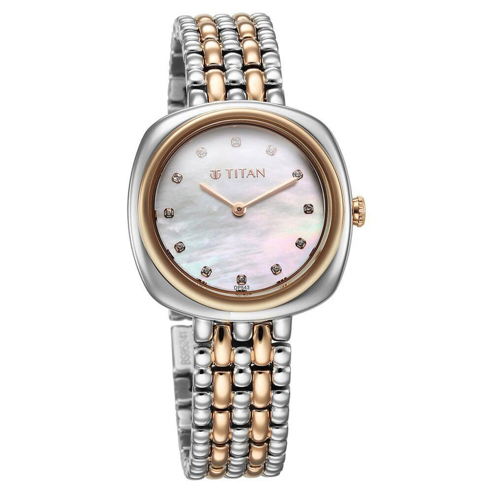 Titan Aura Quartz Analog White Mother Of Pearl Dial Rose Gold and Silver Stainless Steel Strap Watch for Women - The Watch Factory ®