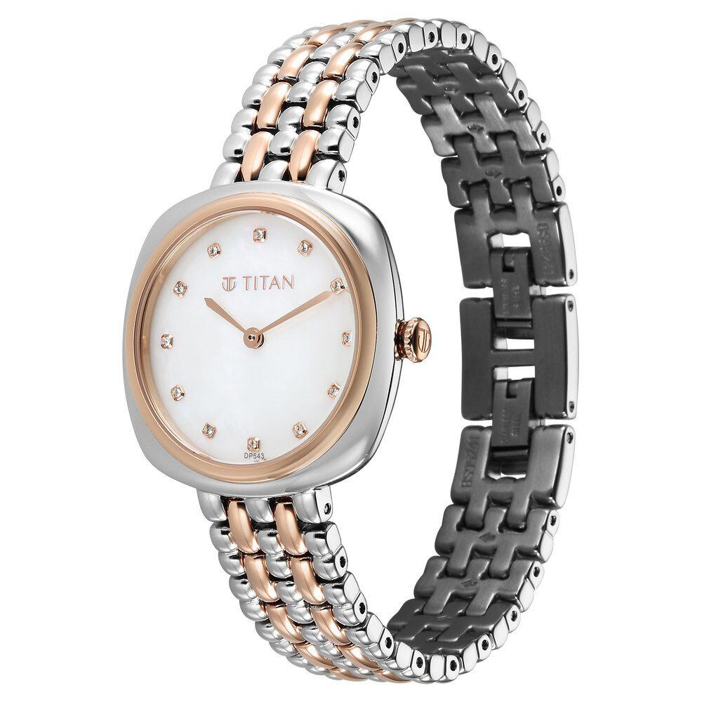 Titan Aura Quartz Analog White Mother Of Pearl Dial Rose Gold and Silver Stainless Steel Strap Watch for Women - The Watch Factory ®