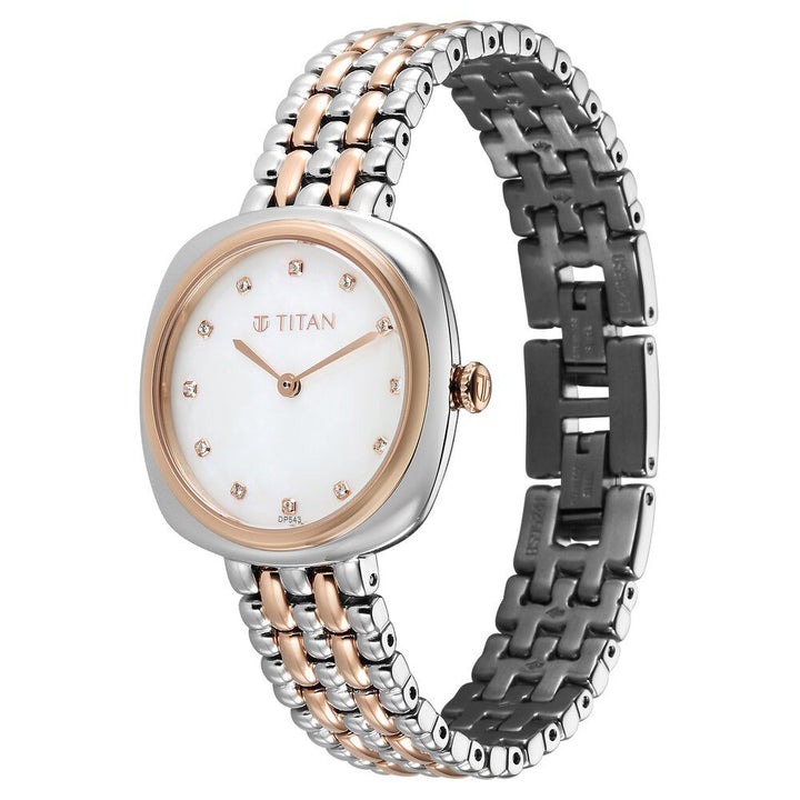 Titan Aura Quartz Analog White Mother Of Pearl Dial Rose Gold and Silver Stainless Steel Strap Watch for Women - The Watch Factory ®