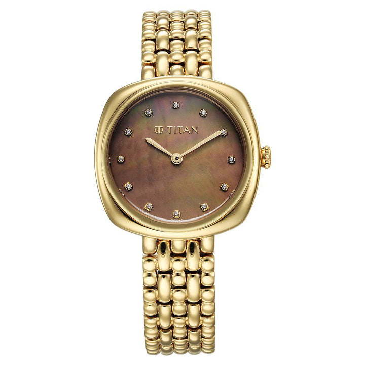 Titan Aura Quartz Analog Brown Mother of Pearl Dial Golden Stainless Steel Strap Watch for Women 95241YM01