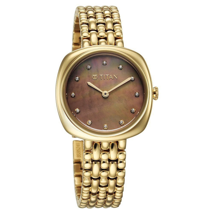 Titan Aura Quartz Analog Brown Mother of Pearl Dial Golden Stainless Steel Strap Watch for Women - The Watch Factory ®