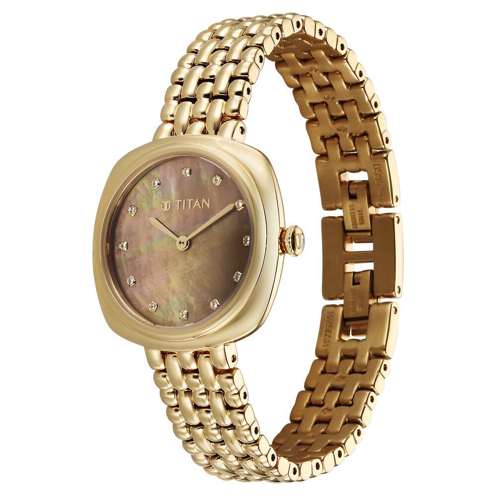 Titan Aura Quartz Analog Brown Mother of Pearl Dial Golden Stainless Steel Strap Watch for Women - The Watch Factory ®