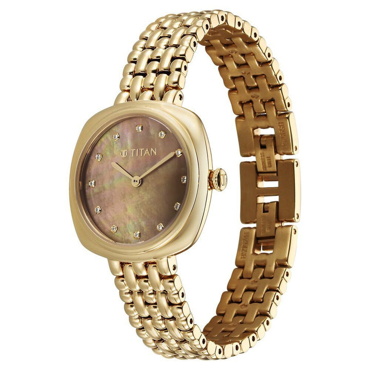Titan Aura Quartz Analog Brown Mother of Pearl Dial Golden Stainless Steel Strap Watch for Women - The Watch Factory ®