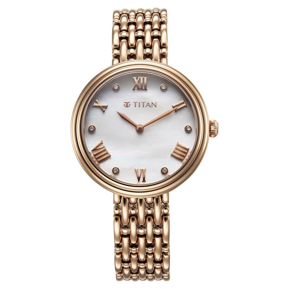 Titan Aura Quartz Analog White Mother of Pearl Dial Rose Gold Stainless Steel Strap Watch for Women - The Watch Factory ®