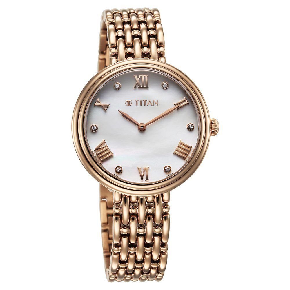 Titan Aura Quartz Analog White Mother of Pearl Dial Rose Gold Stainless Steel Strap Watch for Women - The Watch Factory ®
