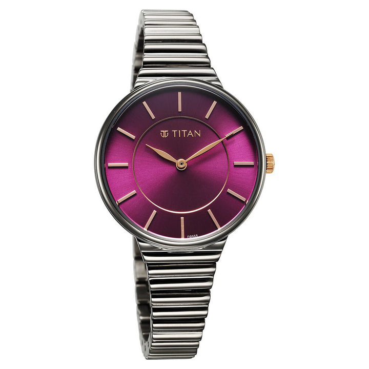 Titan Aura Quartz Analog Purple Dial Stainless Steel Strap Watch for Women - The Watch Factory ®