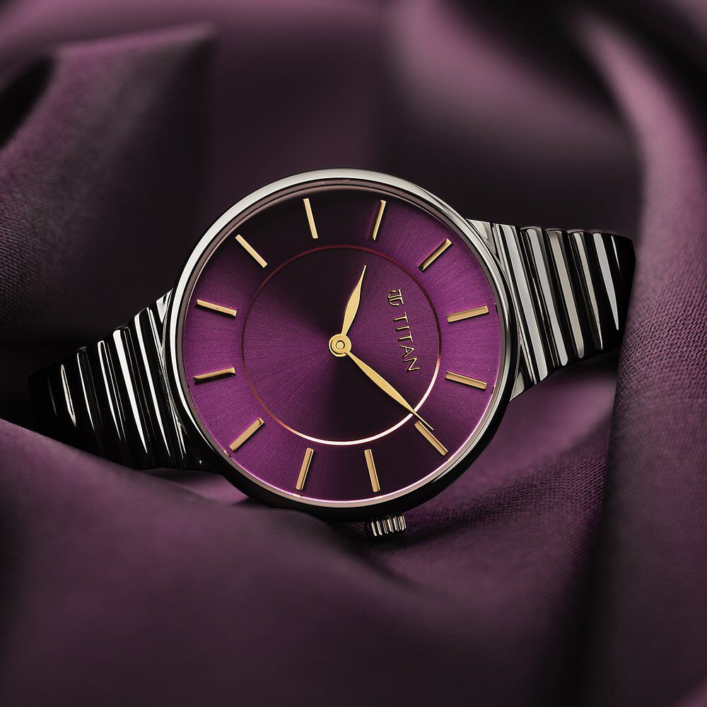 Titan Aura Quartz Analog Purple Dial Stainless Steel Strap Watch for Women - The Watch Factory ®