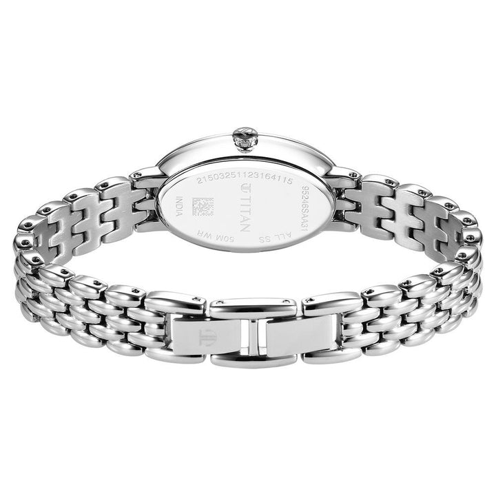 Titan Aura Quartz Analog Mother Of Pearl Dial Stainless Steel Strap Watch for Women 95246SM01