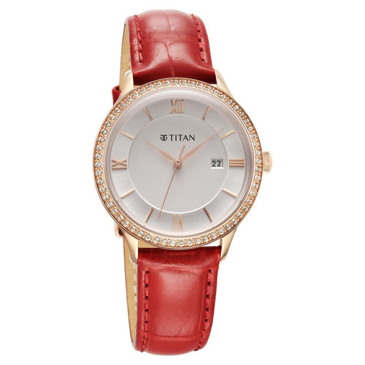 Titan Bright Leathers Silver Dial Analog with Date Red Leather Strap Watch for Women - The Watch Factory ®