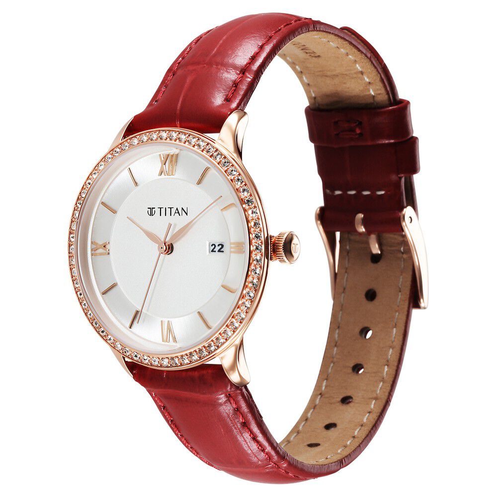Titan Bright Leathers Silver Dial Analog with Date Red Leather Strap Watch for Women - The Watch Factory ®