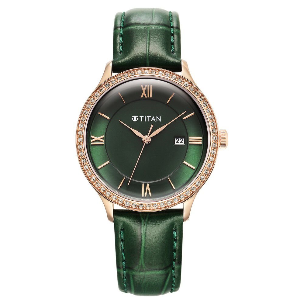 Titan Bright Leathers Green Dial Analog with Date Leather Strap Watch for Women - The Watch Factory ®