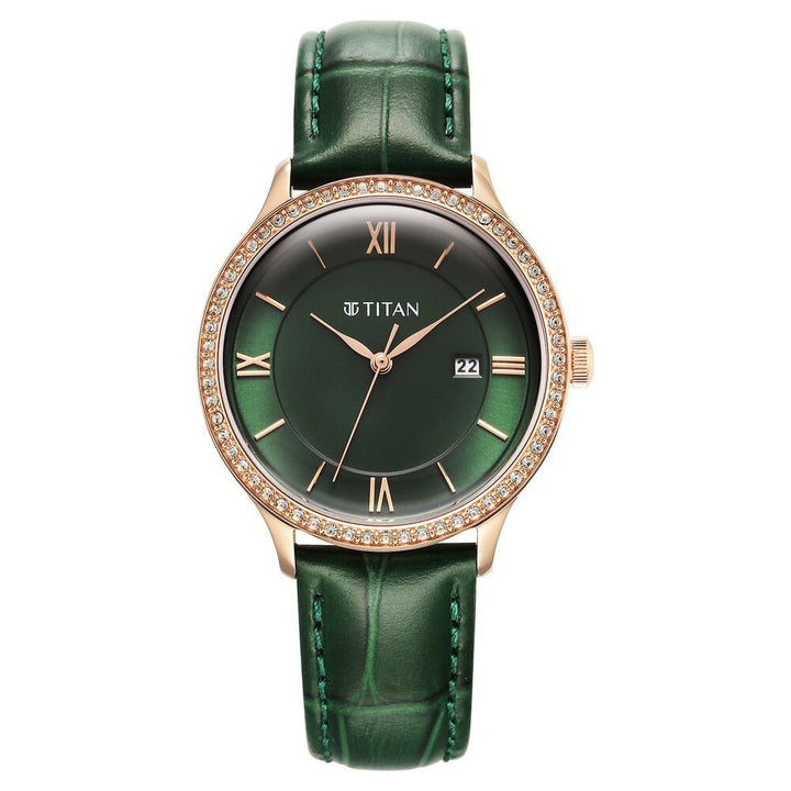 Titan Bright Leathers Green Dial Analog with Date Leather Strap Watch for Women - The Watch Factory ®