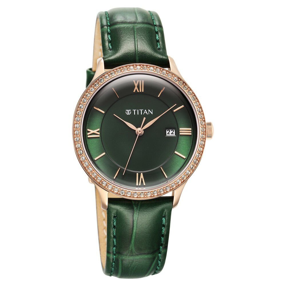 Titan Bright Leathers Green Dial Analog with Date Leather Strap Watch for Women - The Watch Factory ®