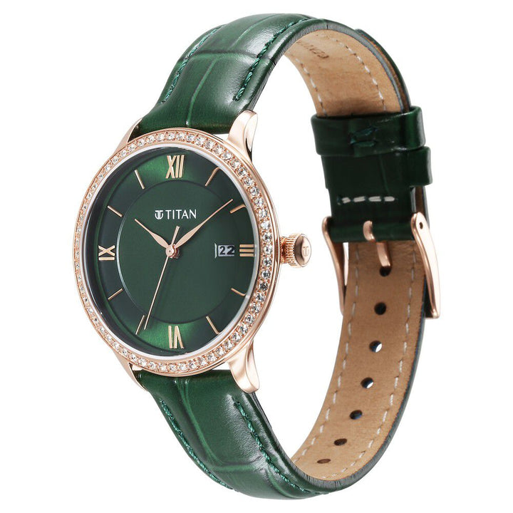 Titan Bright Leathers Green Dial Analog with Date Leather Strap Watch for Women - The Watch Factory ®