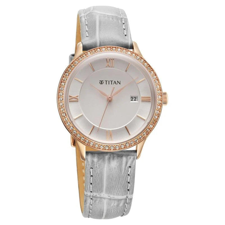 Titan Bright Leathers Quartz Analog with Date Silver Dial Leather Strap for Women NS95247WL03 / 95247WL03