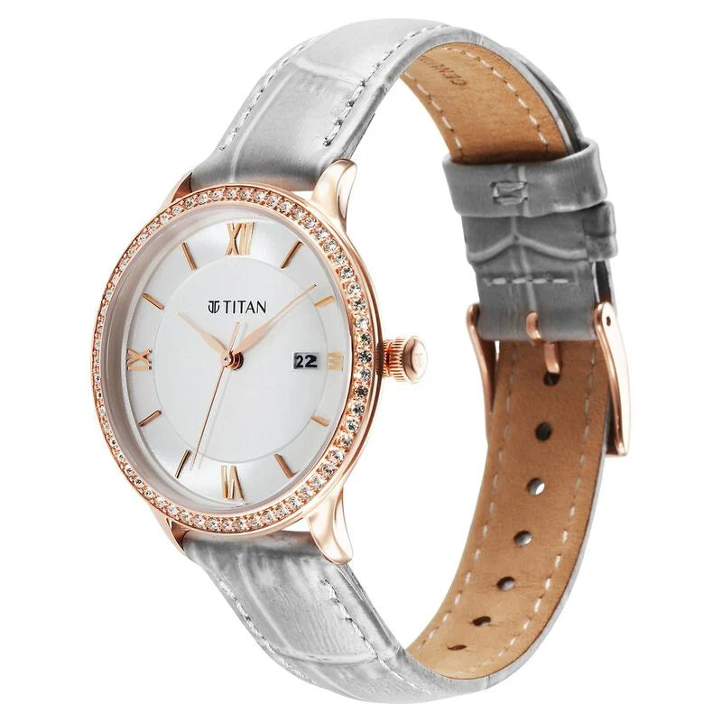 Titan Bright Leathers Quartz Analog with Date Silver Dial Leather Strap for Women NS95247WL03 / 95247WL03