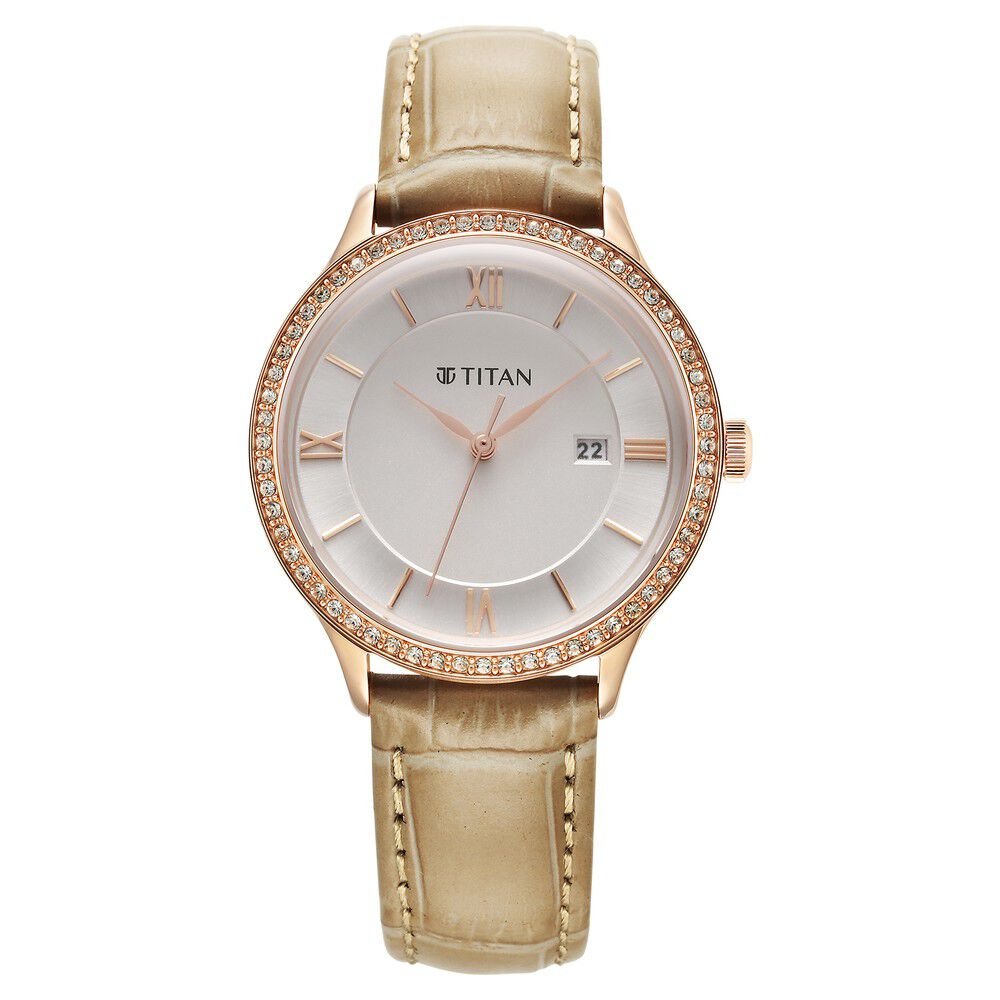 Titan Bright Leathers Silver Dial Analog with Date Leather Strap Watch for Women - The Watch Factory ®