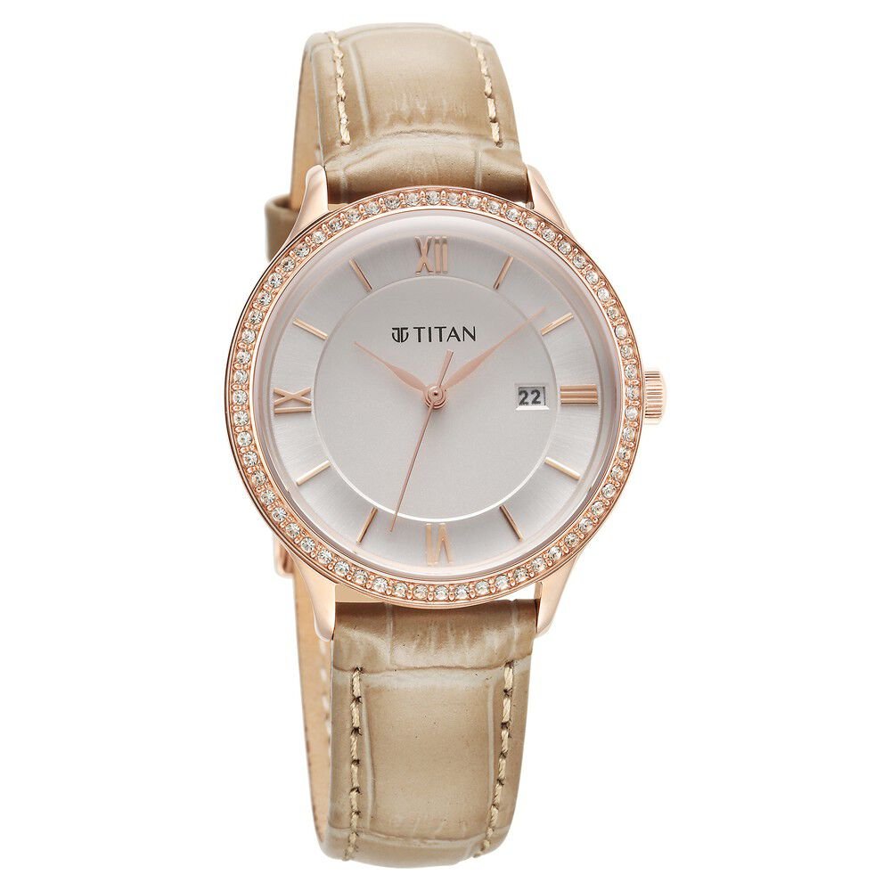 Titan Bright Leathers Silver Dial Analog with Date Leather Strap Watch for Women - The Watch Factory ®