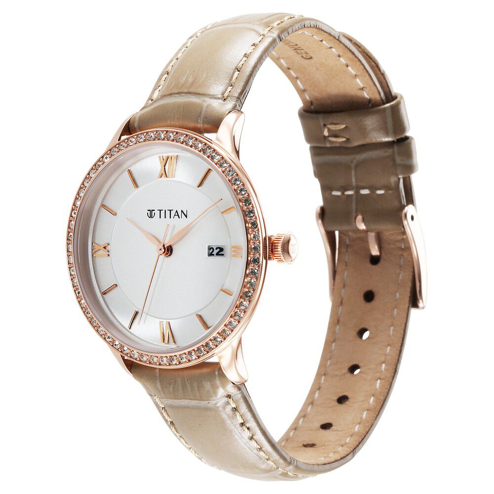 Titan Bright Leathers Silver Dial Analog with Date Leather Strap Watch for Women - The Watch Factory ®