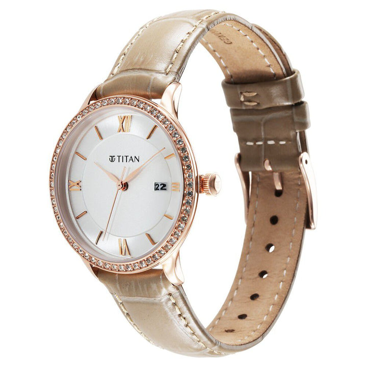 Titan Bright Leathers Silver Dial Analog with Date Leather Strap Watch for Women - The Watch Factory ®