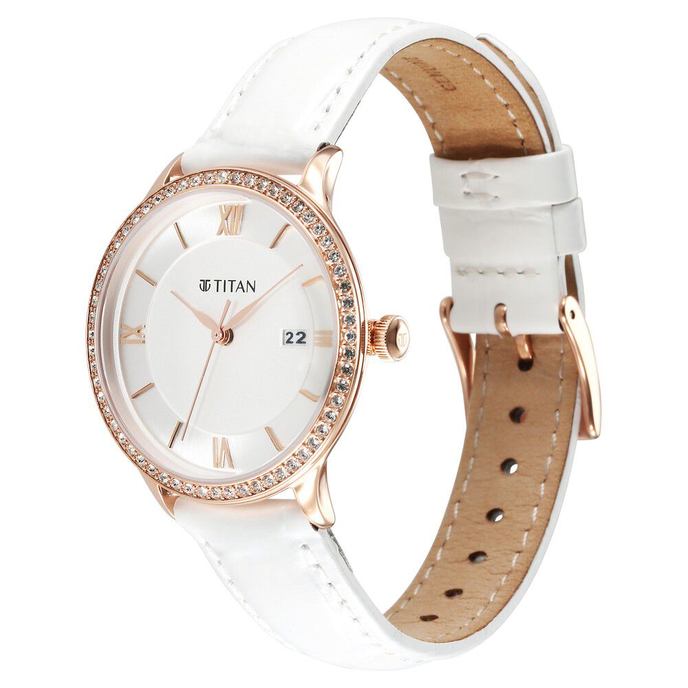 Titan Bright Leathers Silver Dial Analog with Date Leather Strap watch for Women - The Watch Factory ®